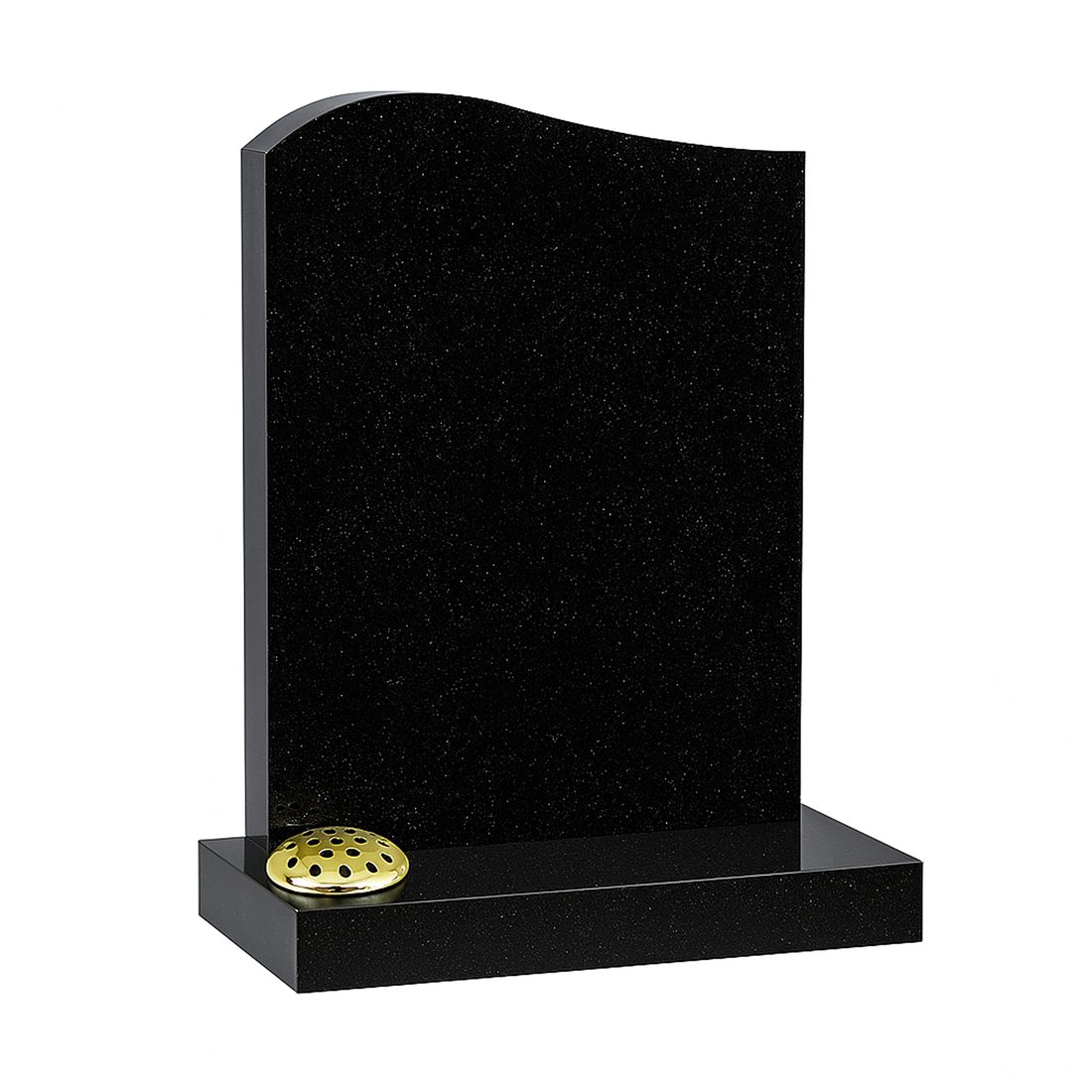 Black headstone with a gently sweeping top and flower holder
