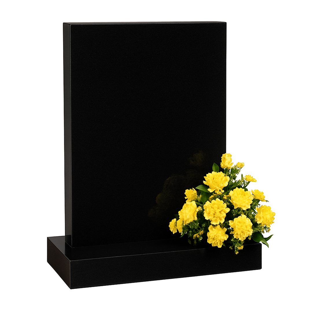 Rectangular black headstone with straight sides and flowers