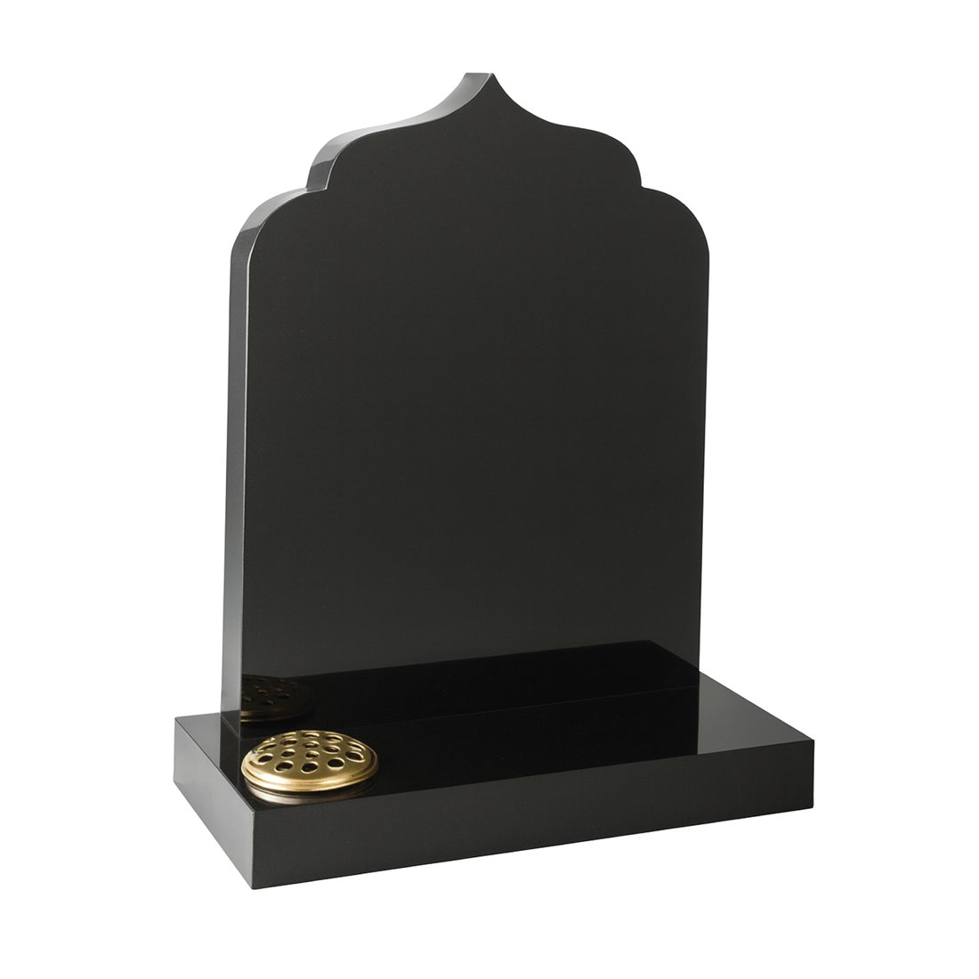Pointed arch black headstone with curved shoulders