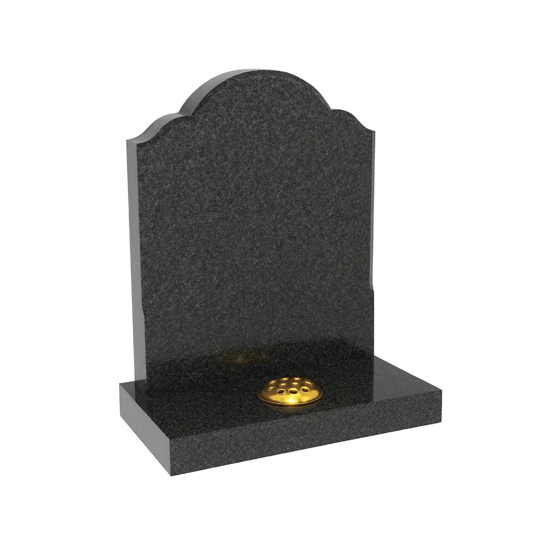 Dark speckled headstone with a rounded crown and stepped shoulders