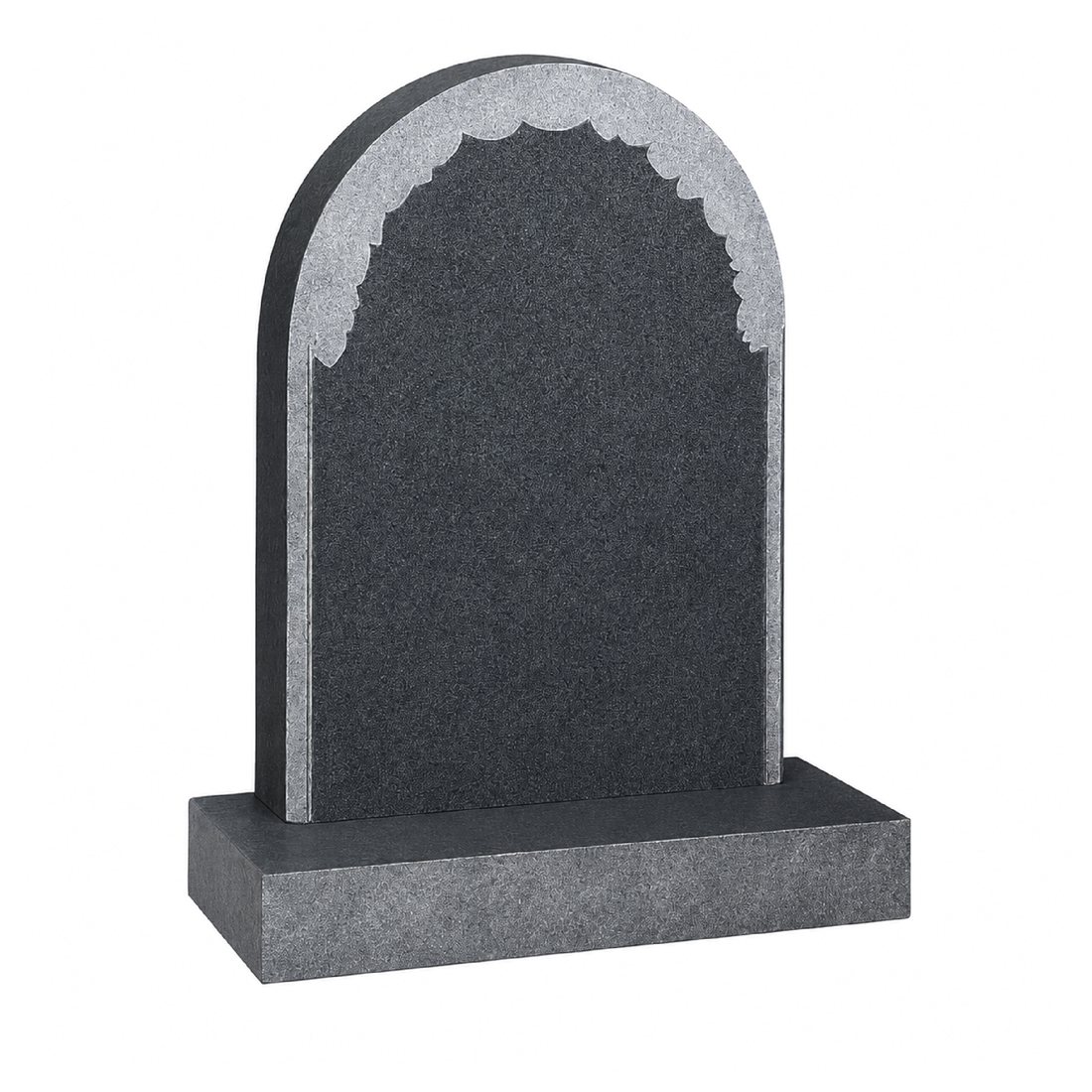 Arched grey headstone with a light decorative scalloped border