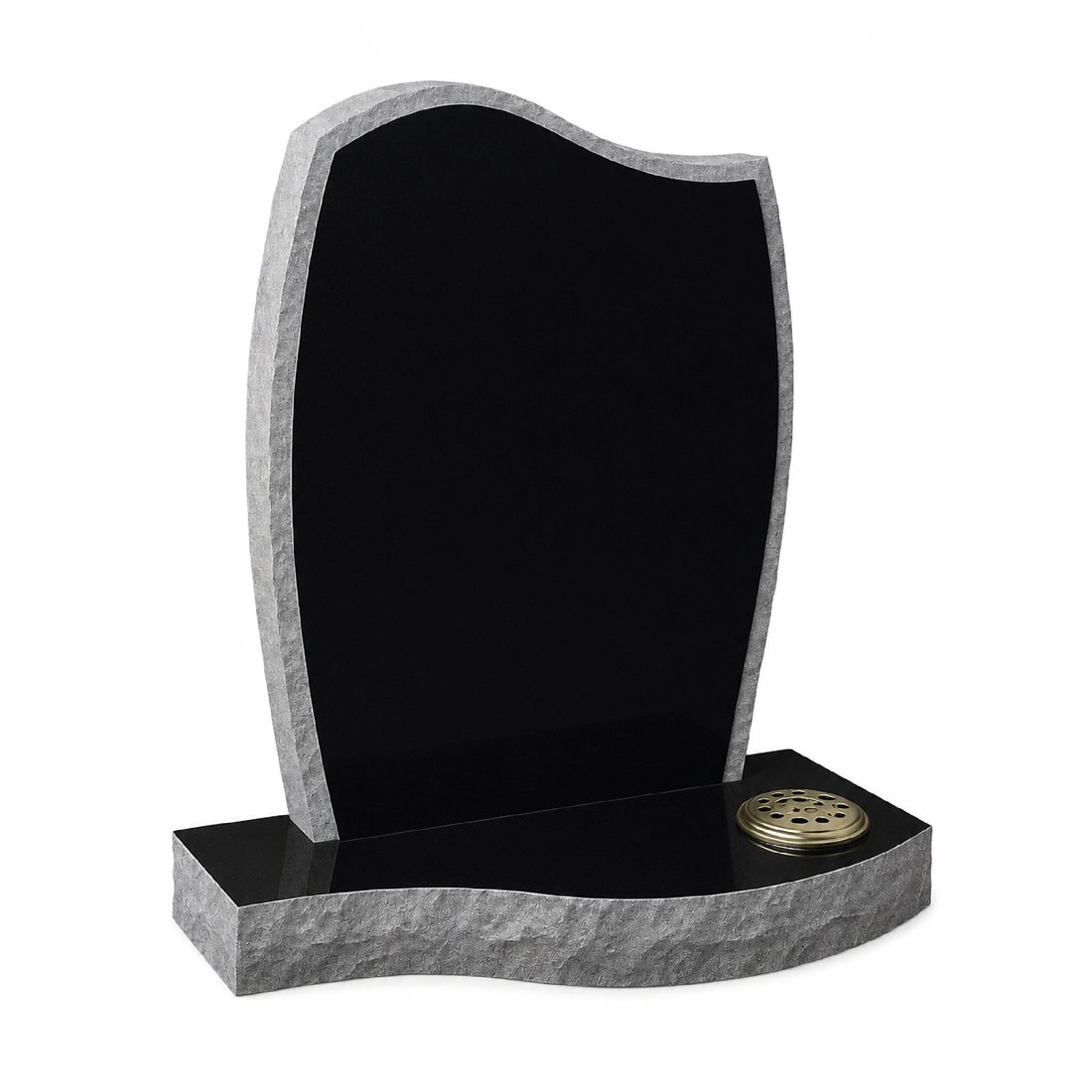 Sweeping dark headstone with contrasting light edges and curved base