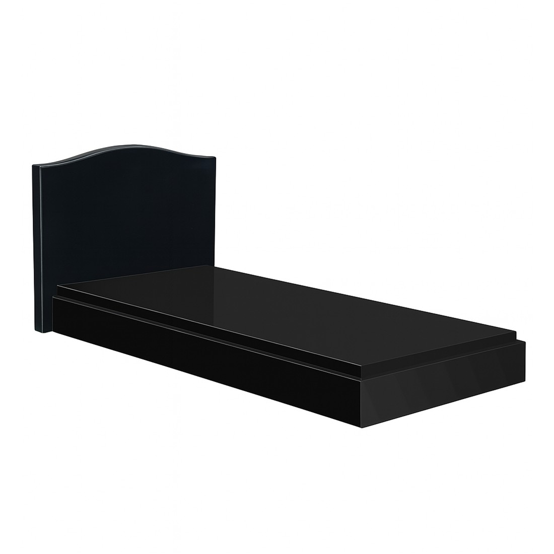 A gently curved headstone with a simple, full-length dark cover.