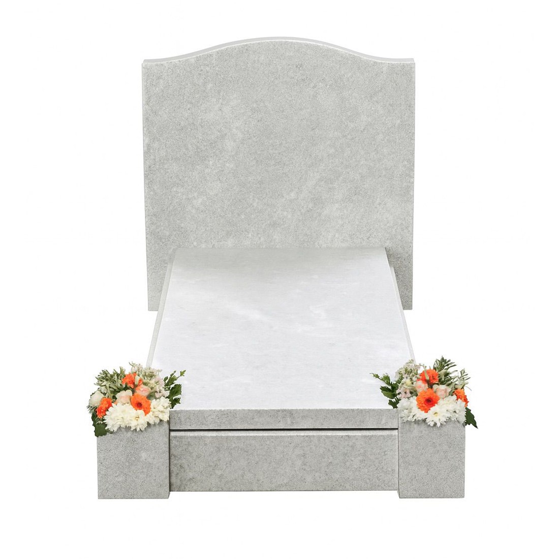A pale memorial with a full cover and paired flower holders.