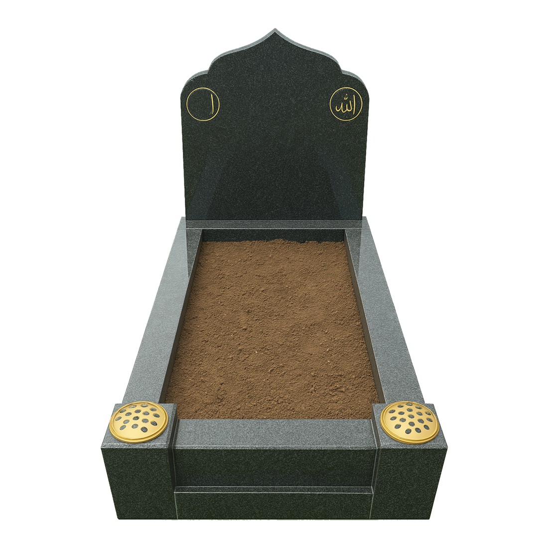A shaped headstone with Islamic detailing and an open centre.