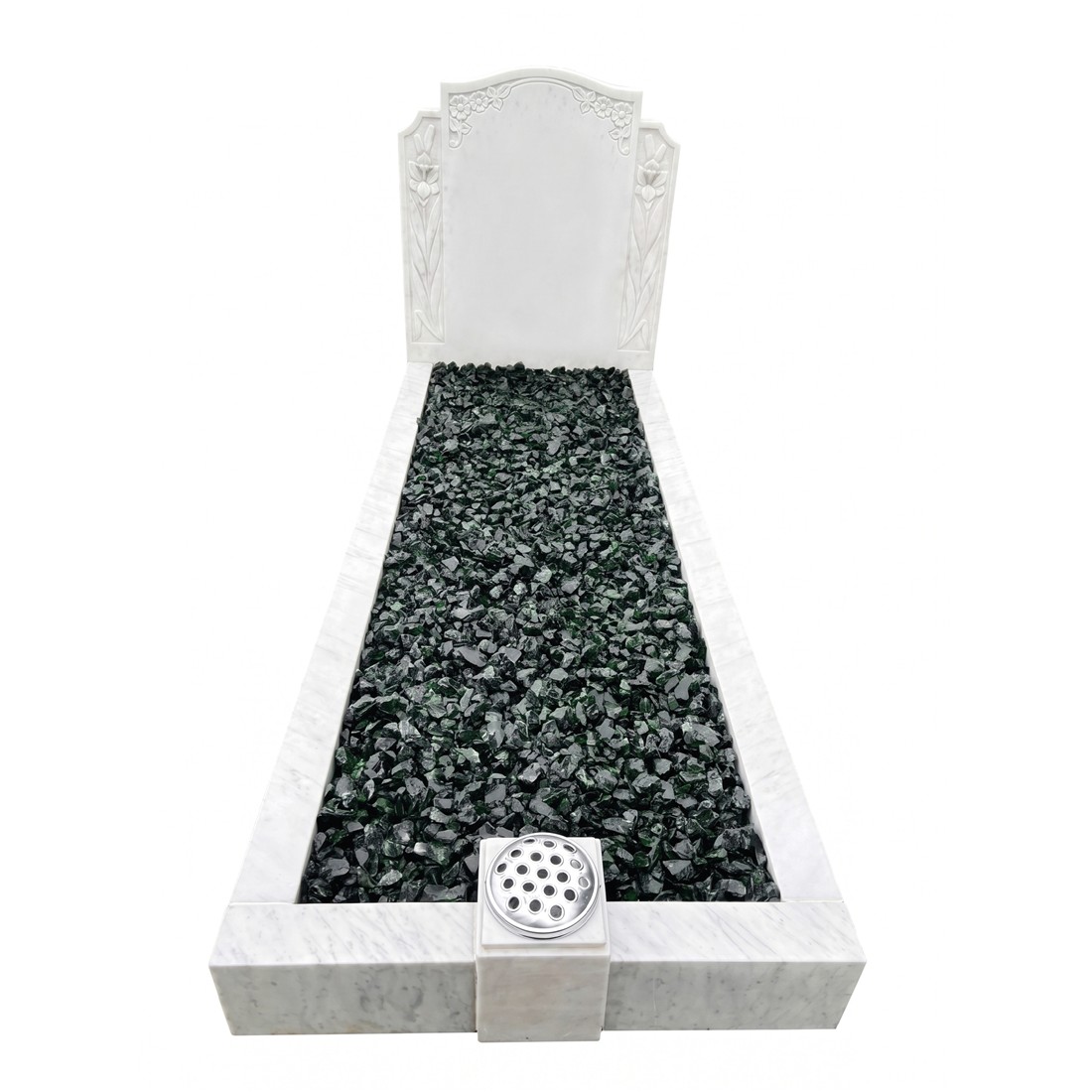A light surround with dark chippings and a single flower holder.