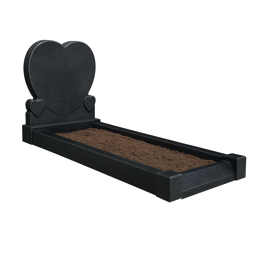 A dark heart-shaped headstone with an open kerbed surround.