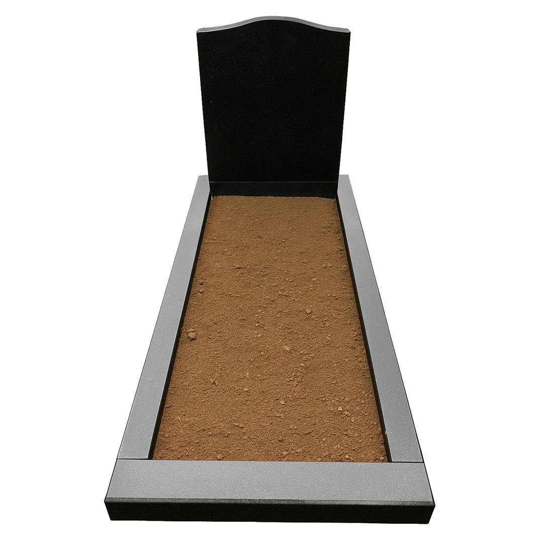 A dark curved headstone with contrasting pale kerbs and an open centre.