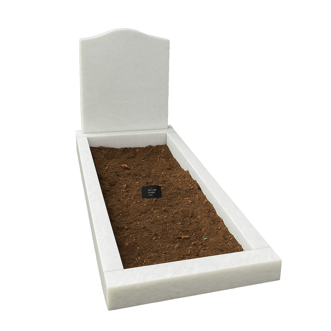 A pale curved headstone with a matching open kerbed surround.