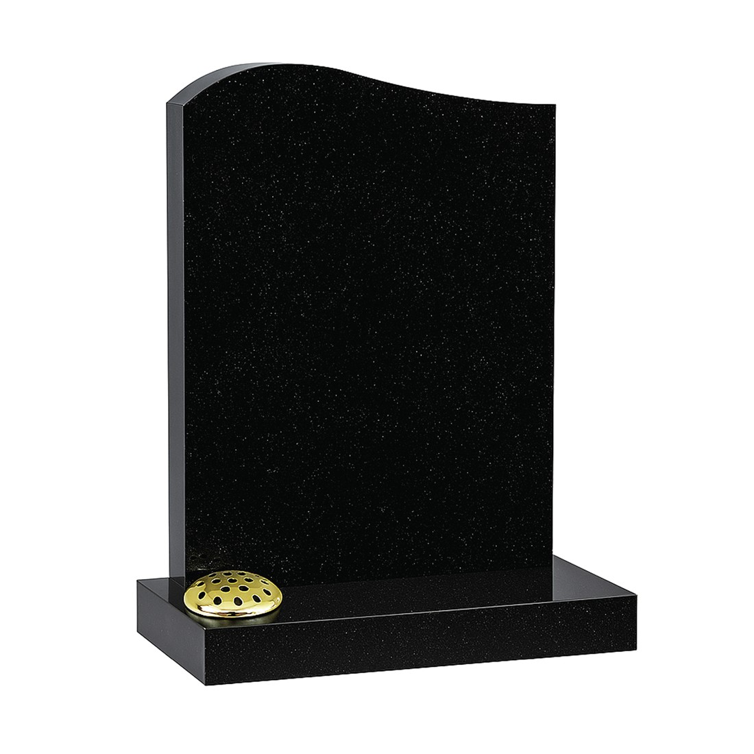 A dark headstone with a gently curved top and a single flower holder.