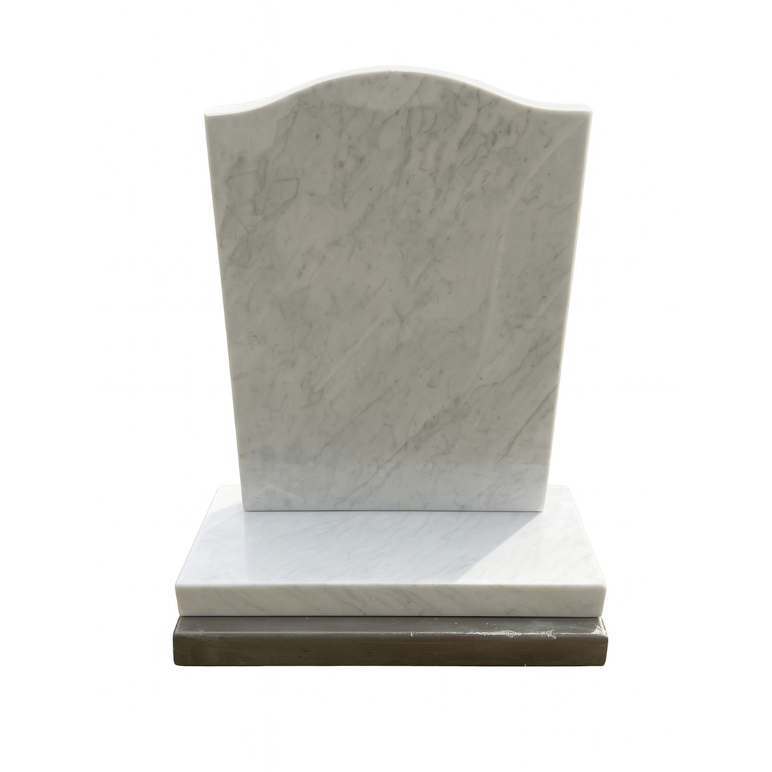 A pale veined headstone with tapered sides and a shaped top.