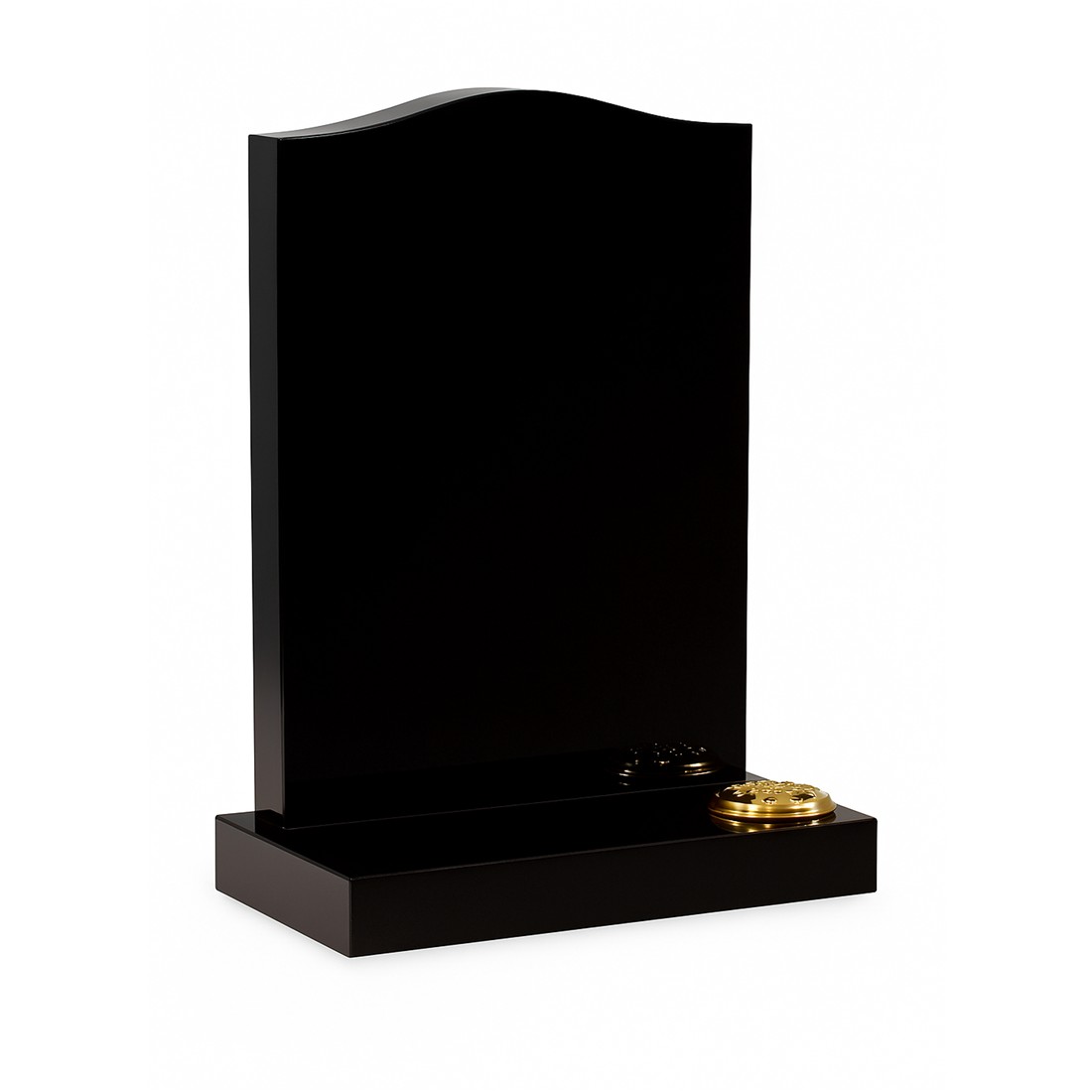 A dark headstone with a gently raised centre and a flower holder.