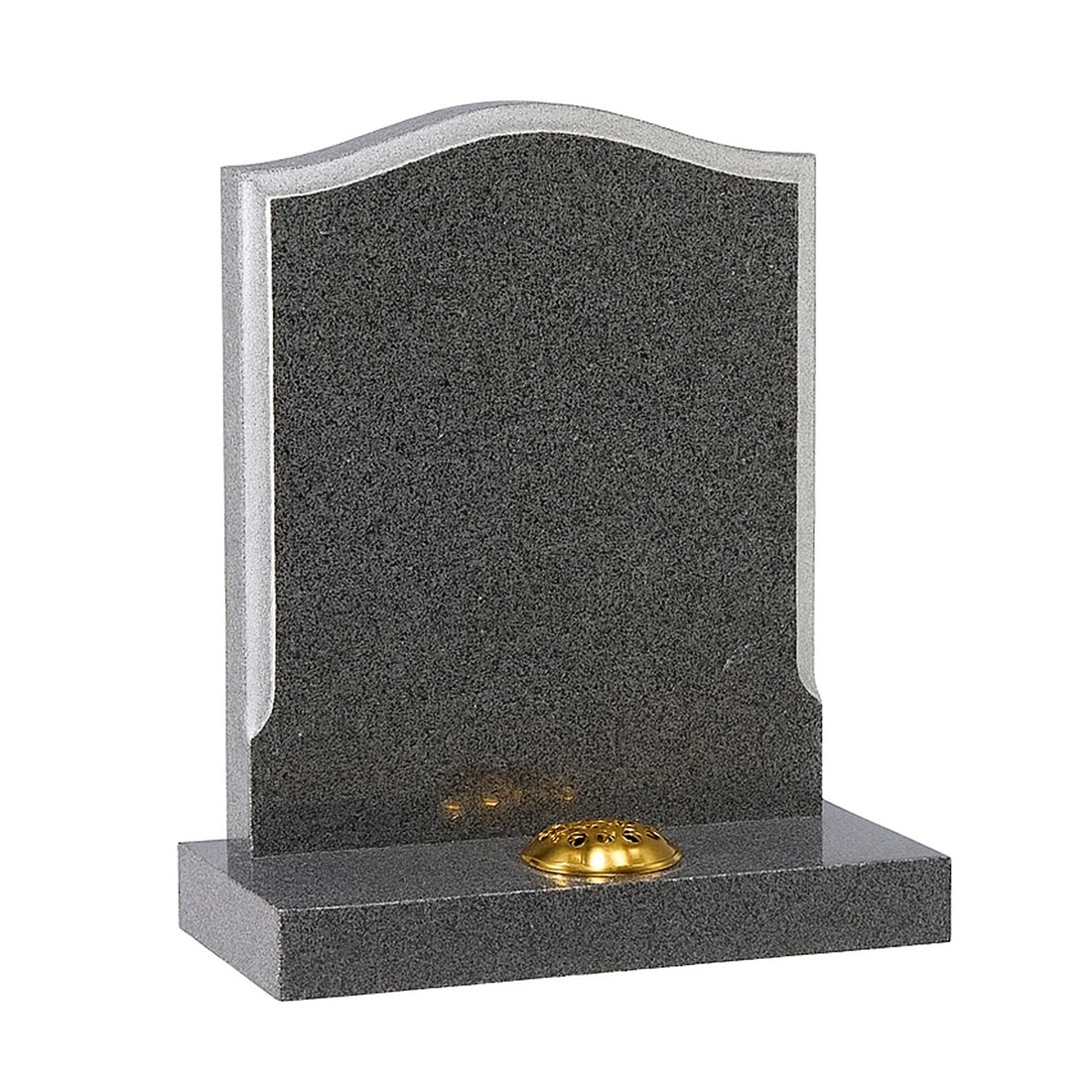 A grey headstone with a contrasting border and shaped shoulders.
