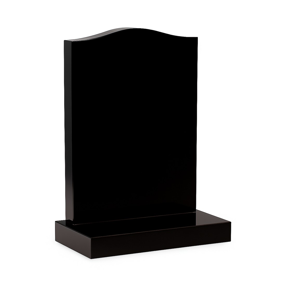 A dark curved headstone on a clean rectangular base.