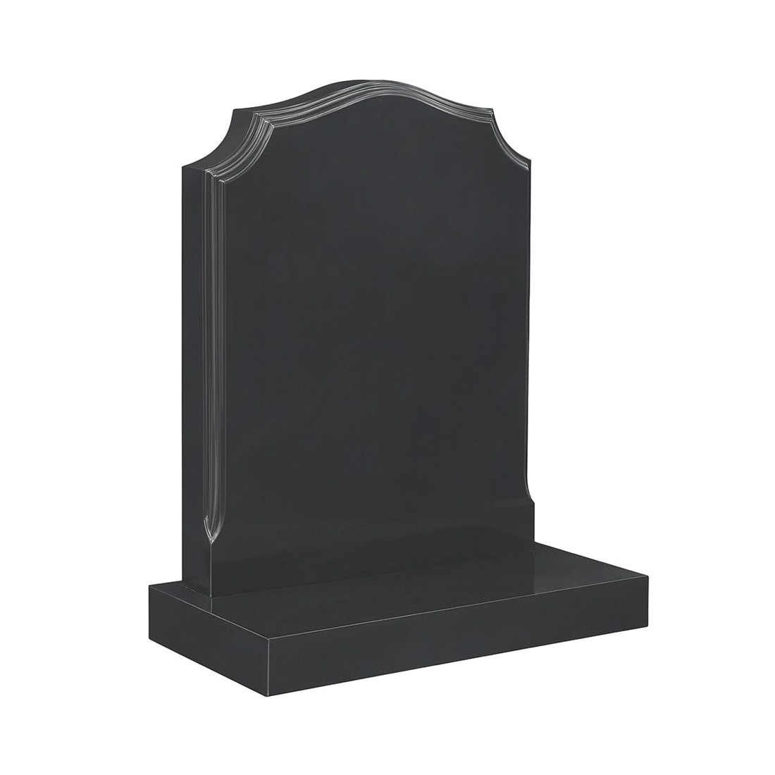 A dark shaped headstone with fine stepped border detailing.