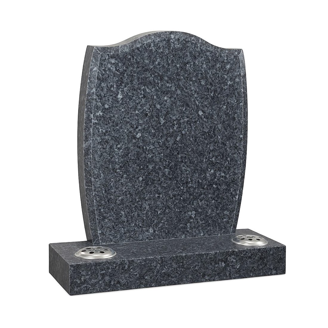 A dark speckled headstone with curved sides and paired flower holders.