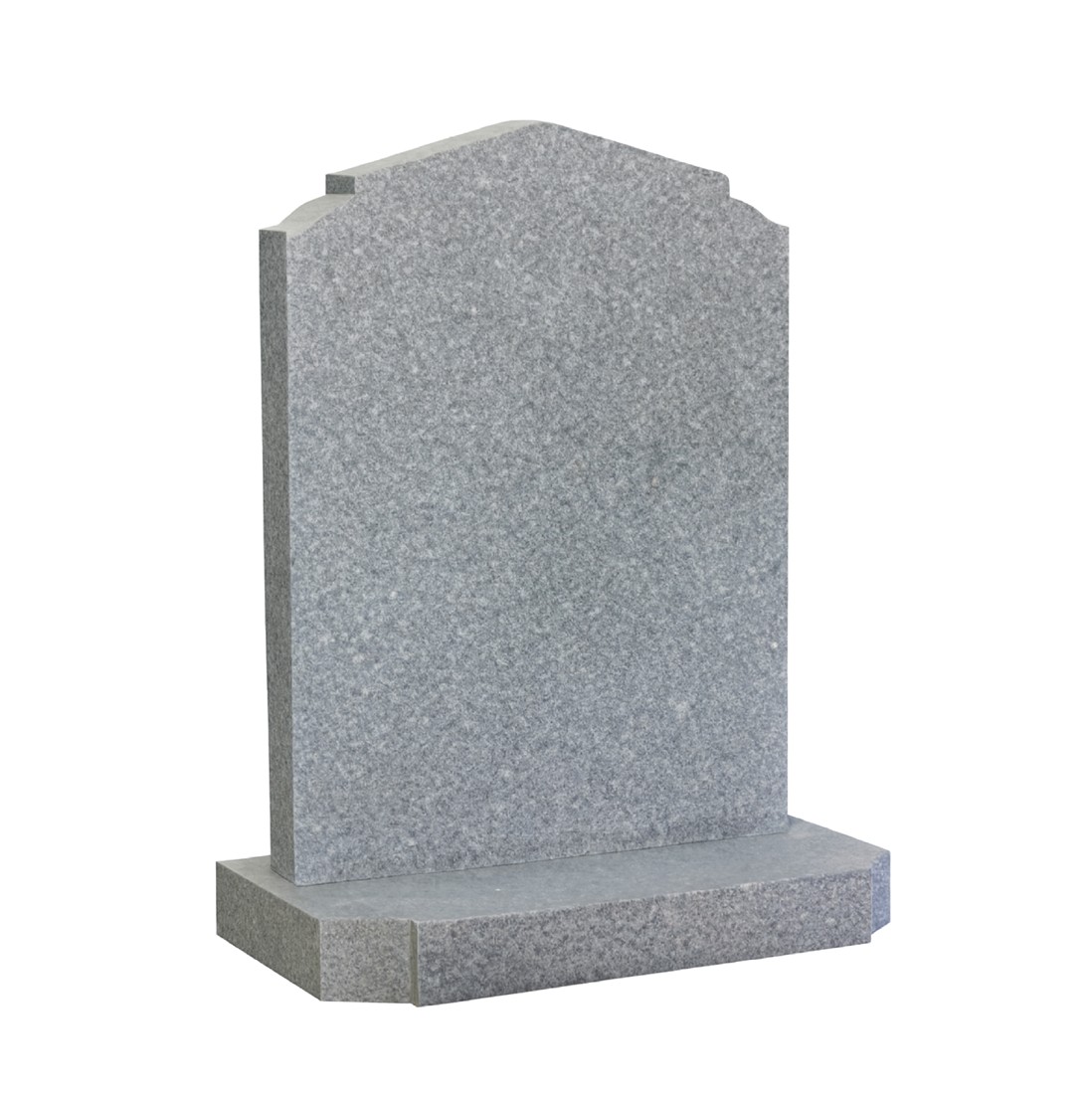 A pale grey headstone with a raised centre and stepped shoulders.