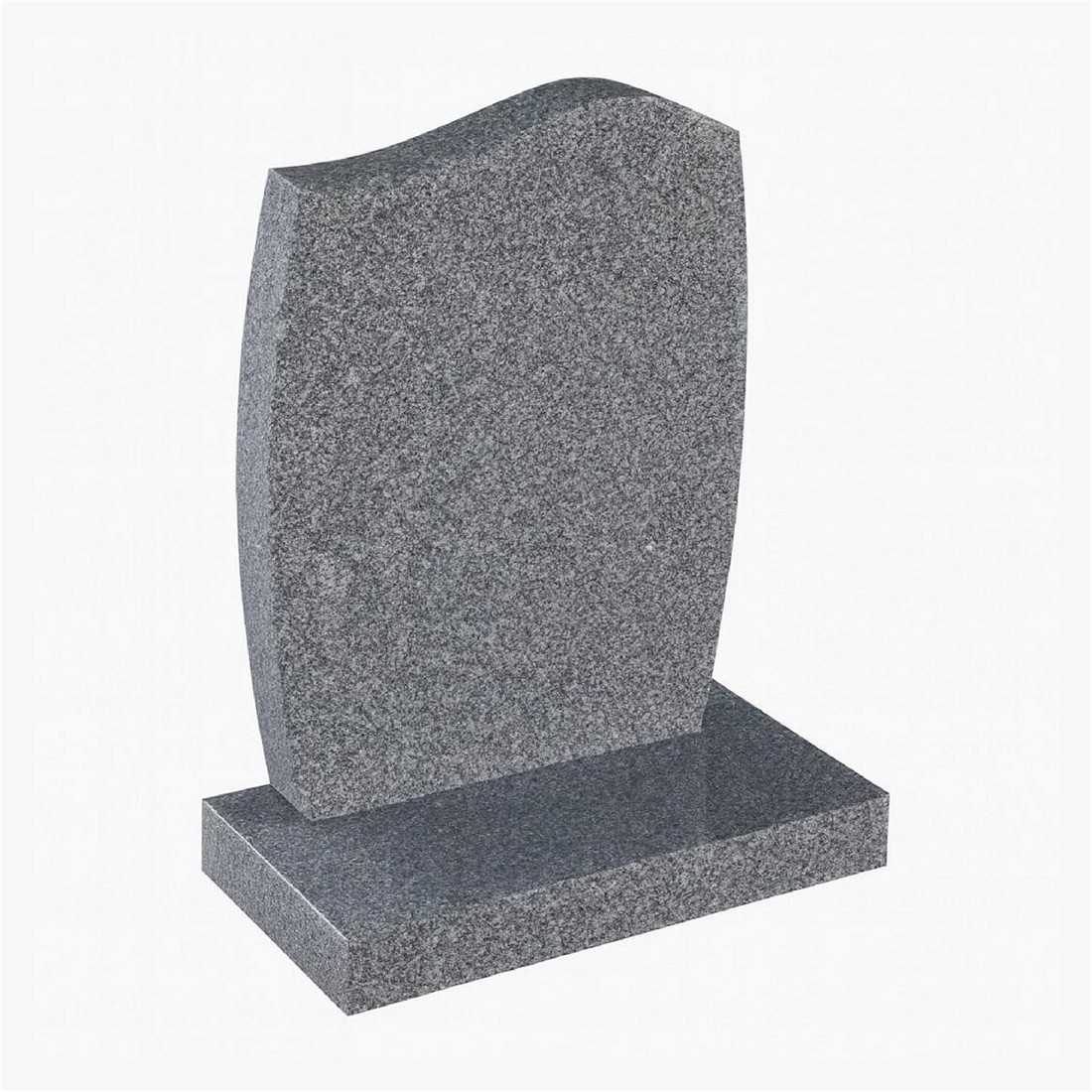 A speckled grey headstone with an asymmetric top and curved sides.