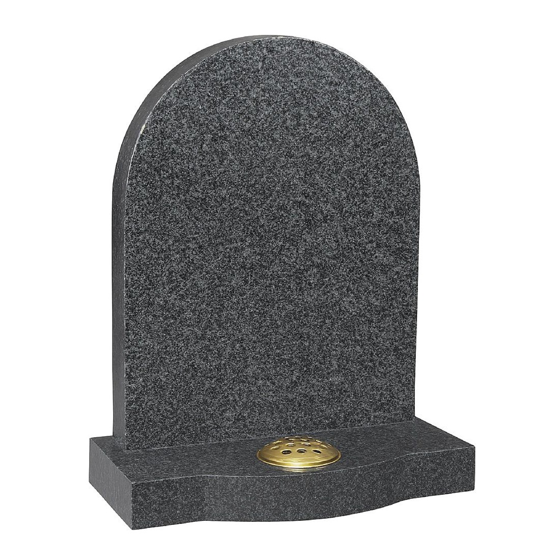 A dark speckled headstone with a simple rounded arch.
